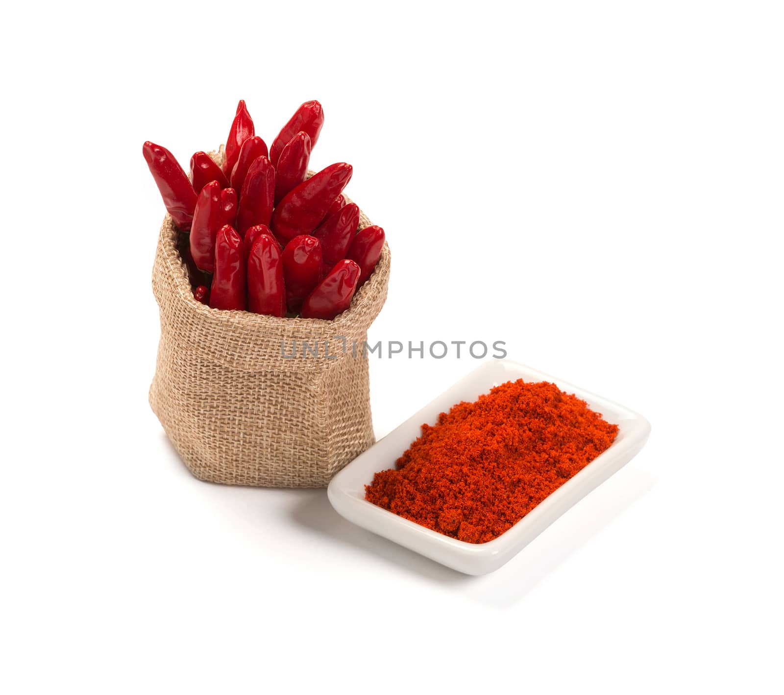 Bowl of ground red pepper spice in bowl isolated on white by ivo_13
