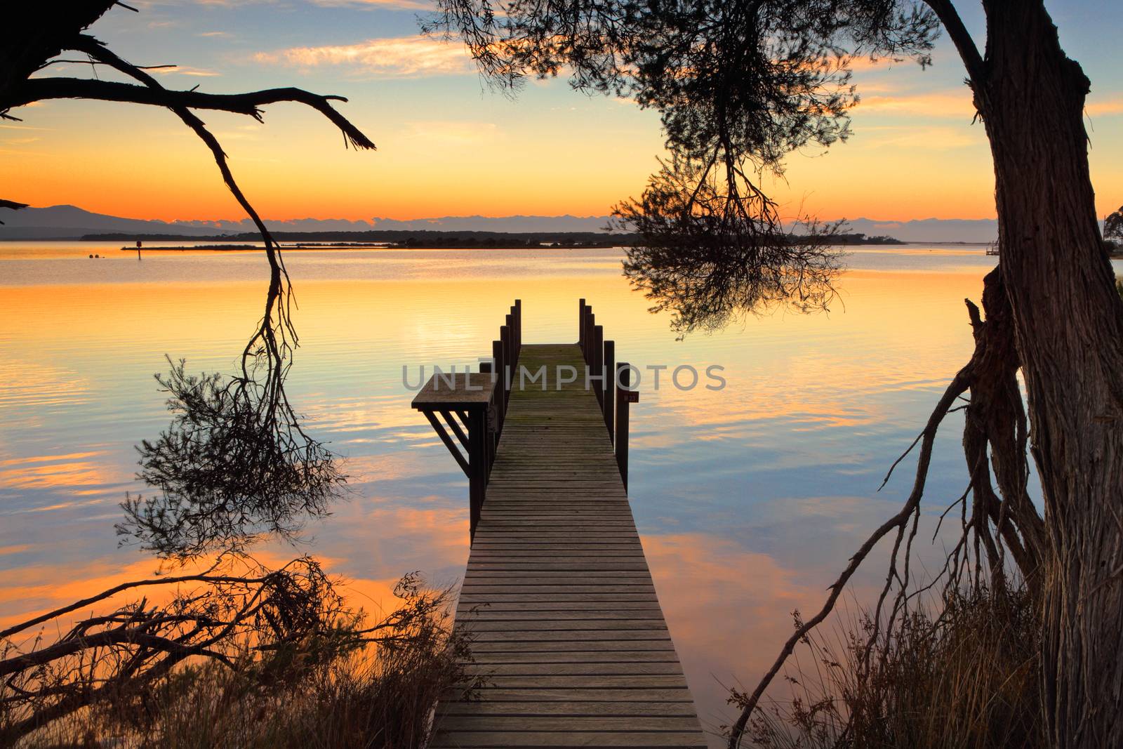 Old timber plank jetty with beautiful sunrise skies.  Location Mallacoota