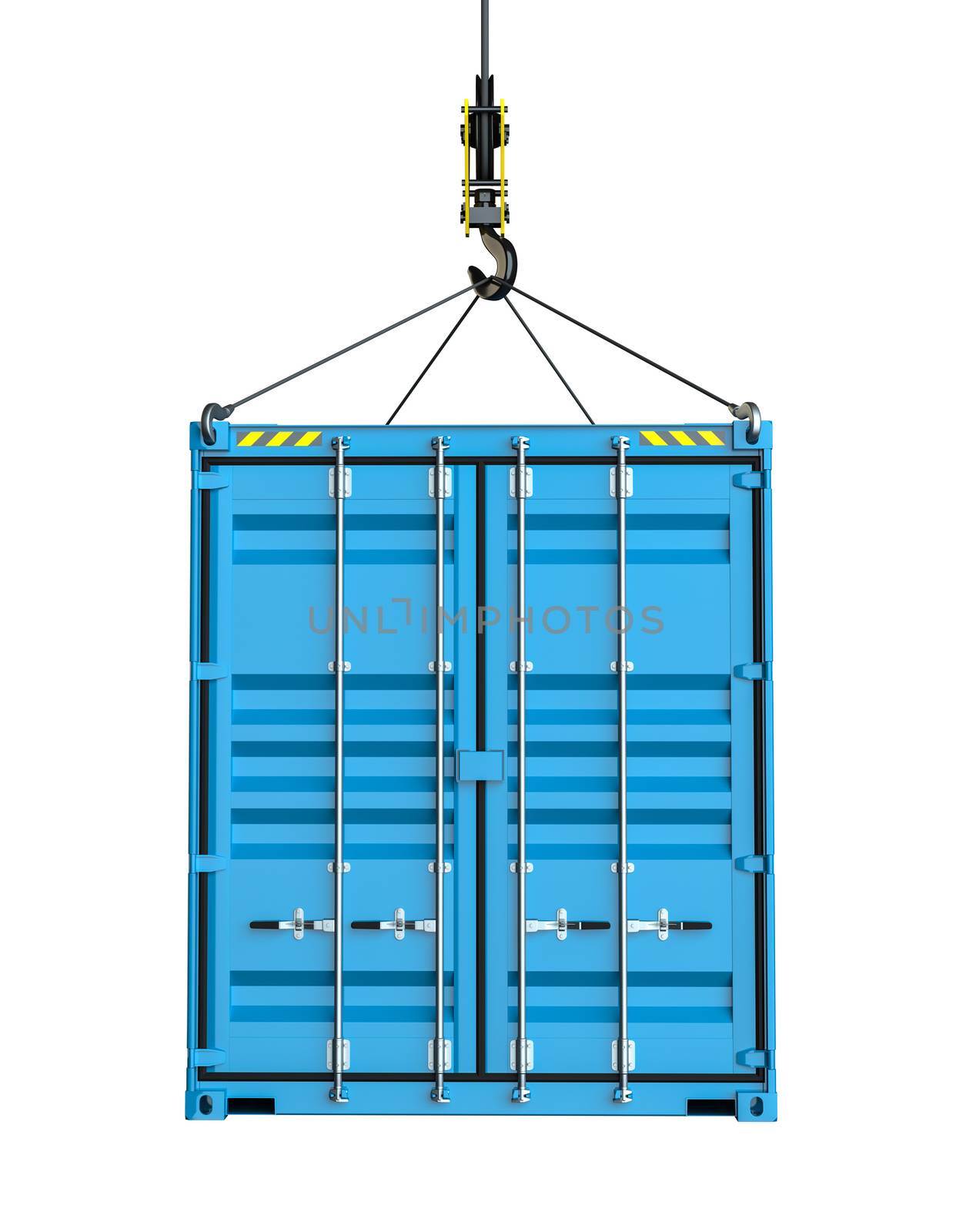 Service delivery - blue cargo container hoisted by hook. 3D rendering