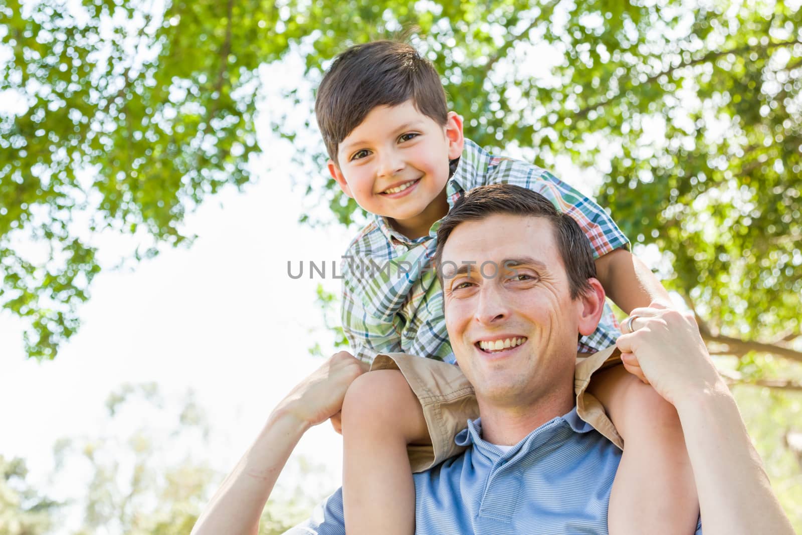 Mixed Race Father and Son Playing Piggyback Together in the Park by Feverpitched