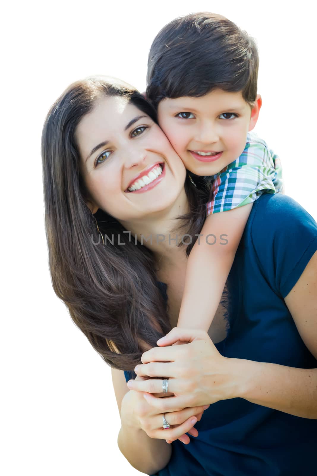 Young Mixed Race Mother and Son Hug Isolated on a White Background. by Feverpitched