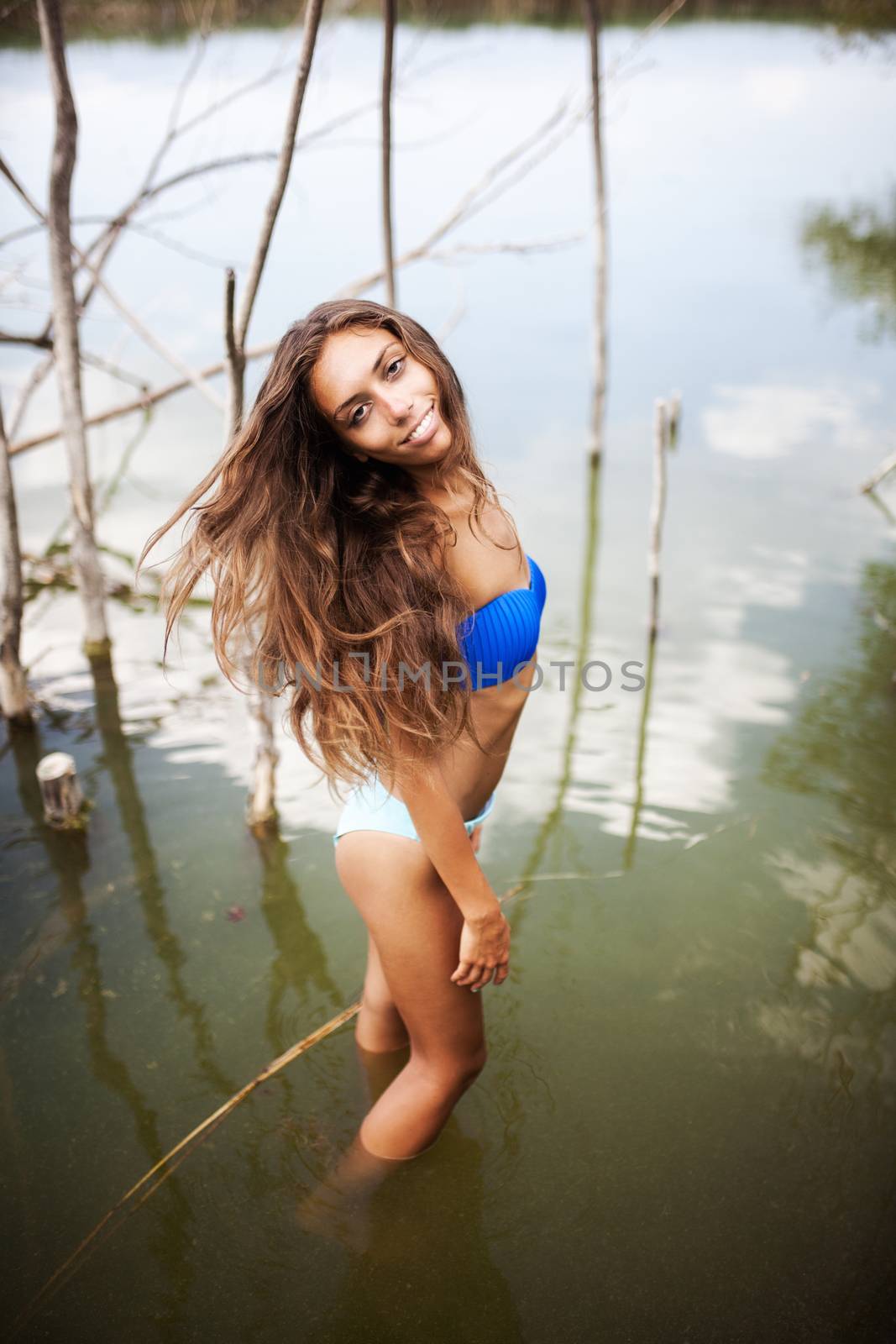 sexy girl in bikini posing in shallow water