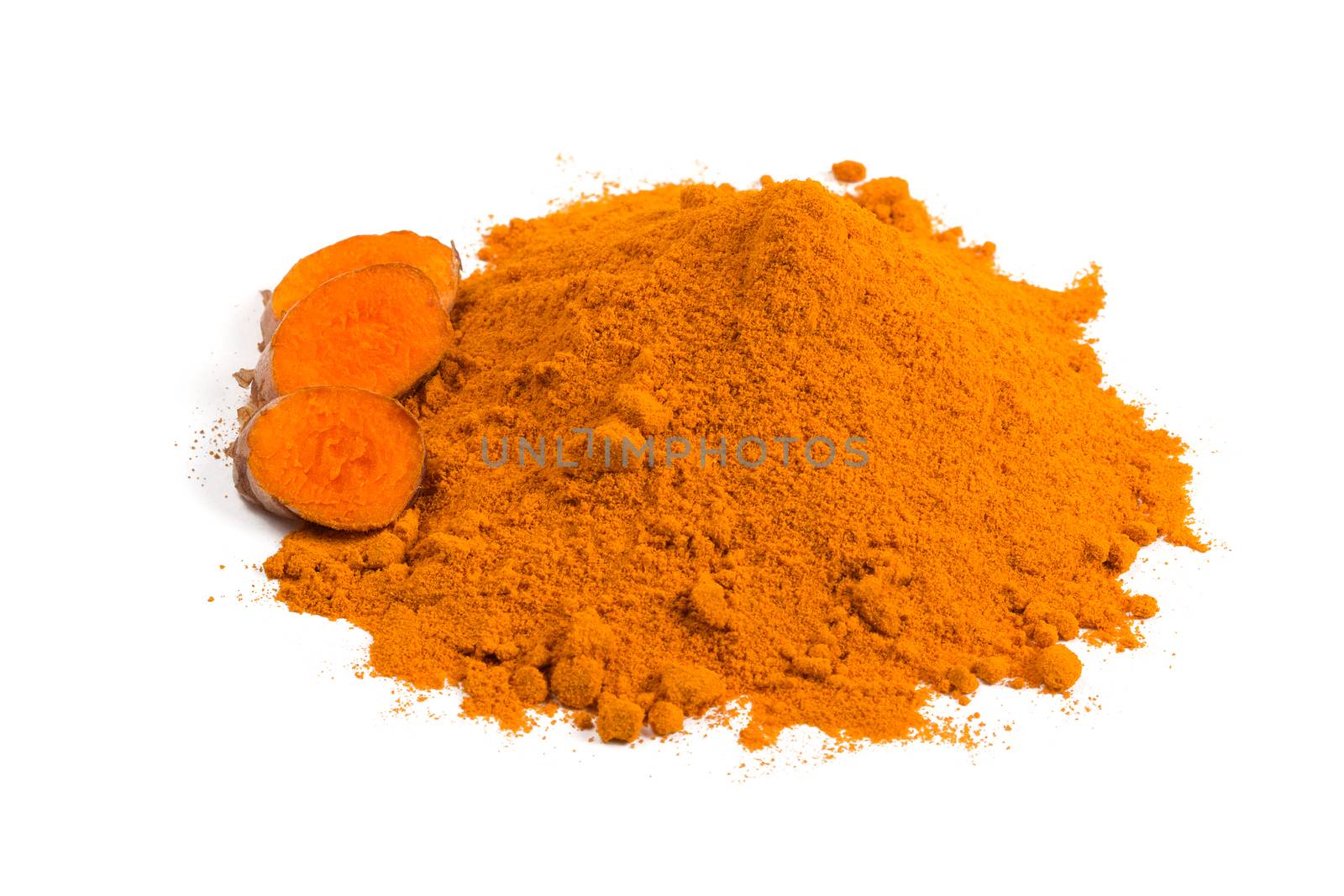 Turmeric rhizome and powder isolated over white background