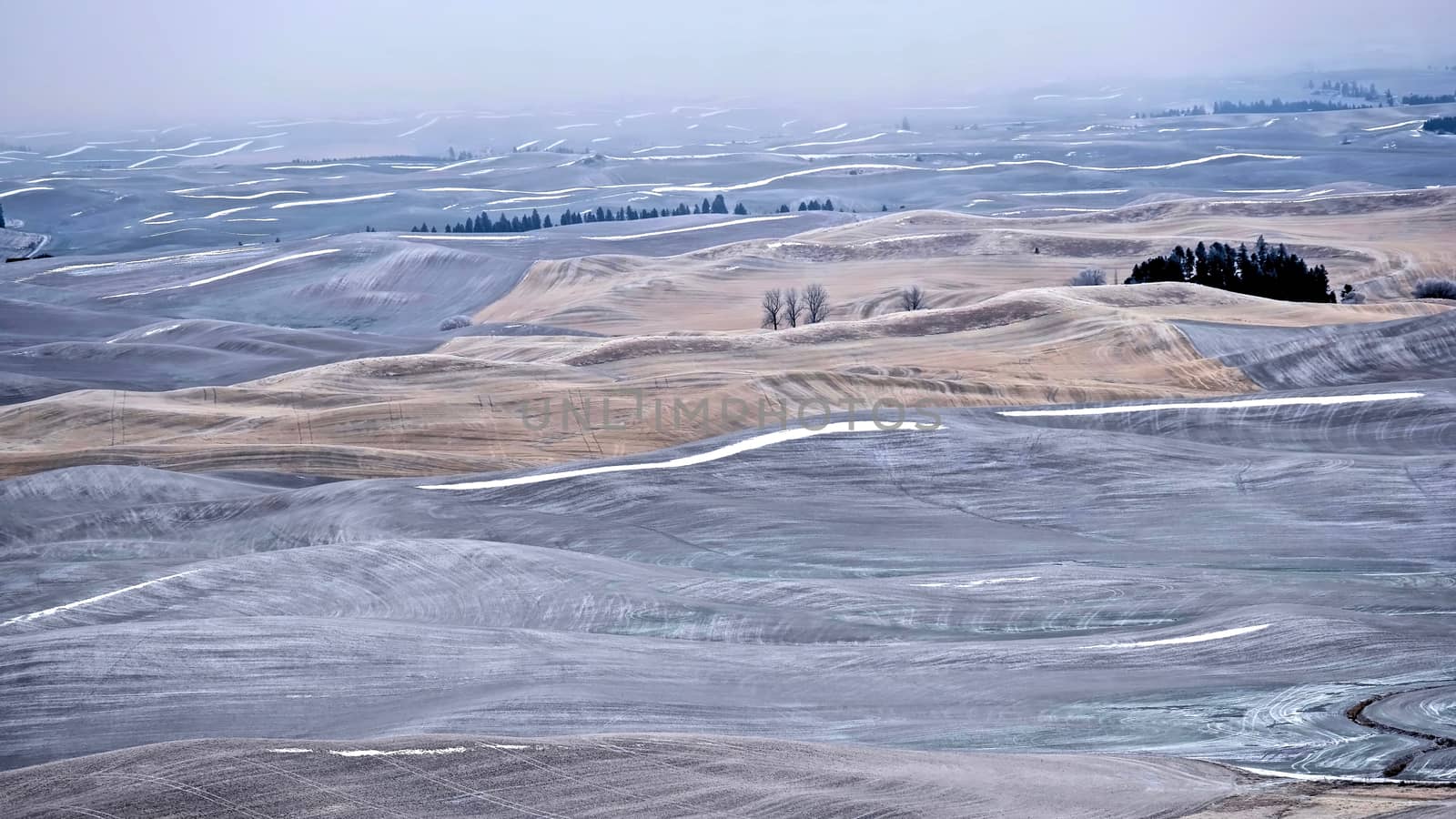 Planet Earth. Farmlands on rolling hills covered with frost and snow in winter. by marina_poushkina