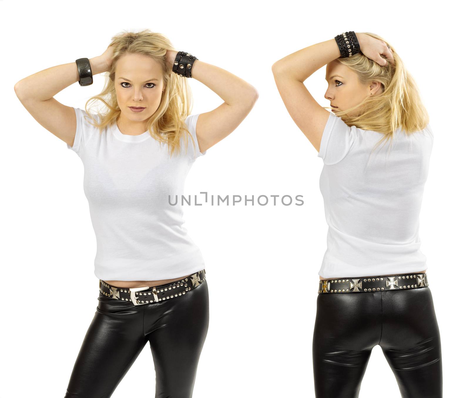 Photo of a sexy beautiful blond woman posing with a blank white t-shirt, ready for your artwork or design.