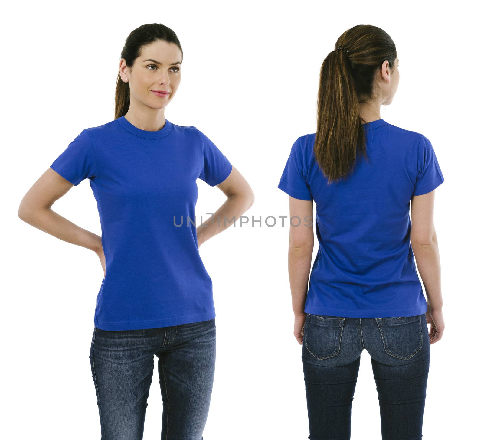 Photo of a beautiful brunette woman posing with a blank blue t-shirt, ready for your artwork or design.