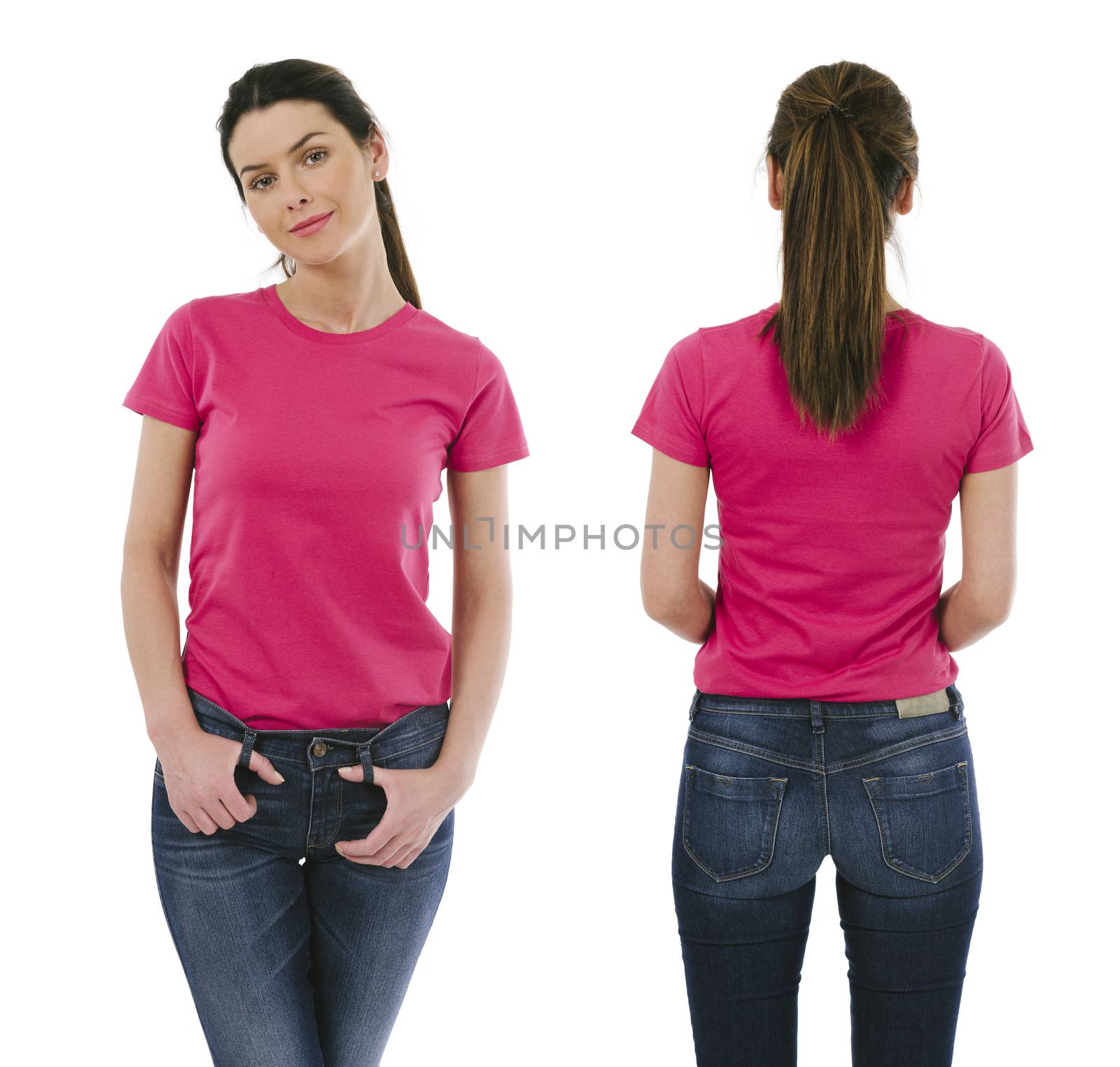 Photo of a beautiful brunette woman posing with a blank pink t-shirt, ready for your artwork or design.