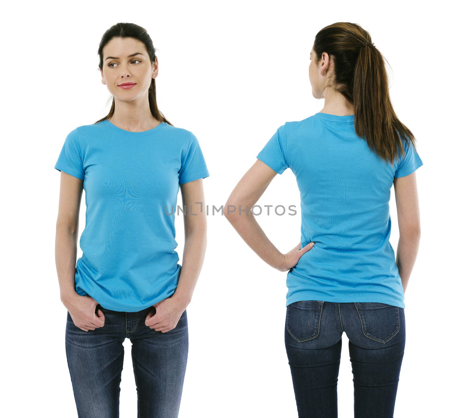 Brunette woman wearing blank light blue shirt by sumners