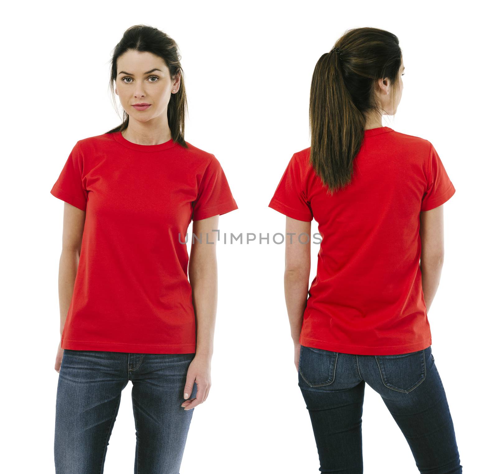 Brunette woman wearing blank red shirt by sumners