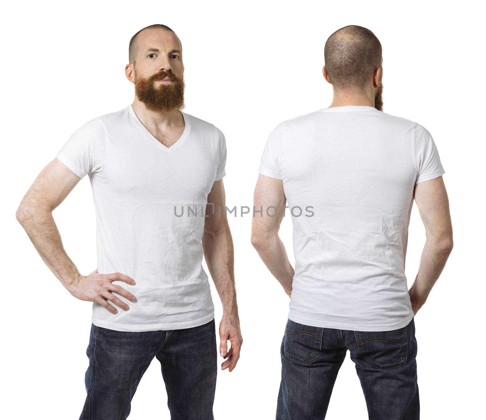 Photo of a man with a beard and wearing a blank white t-shirt, front and back. Ready for your design or artwork.