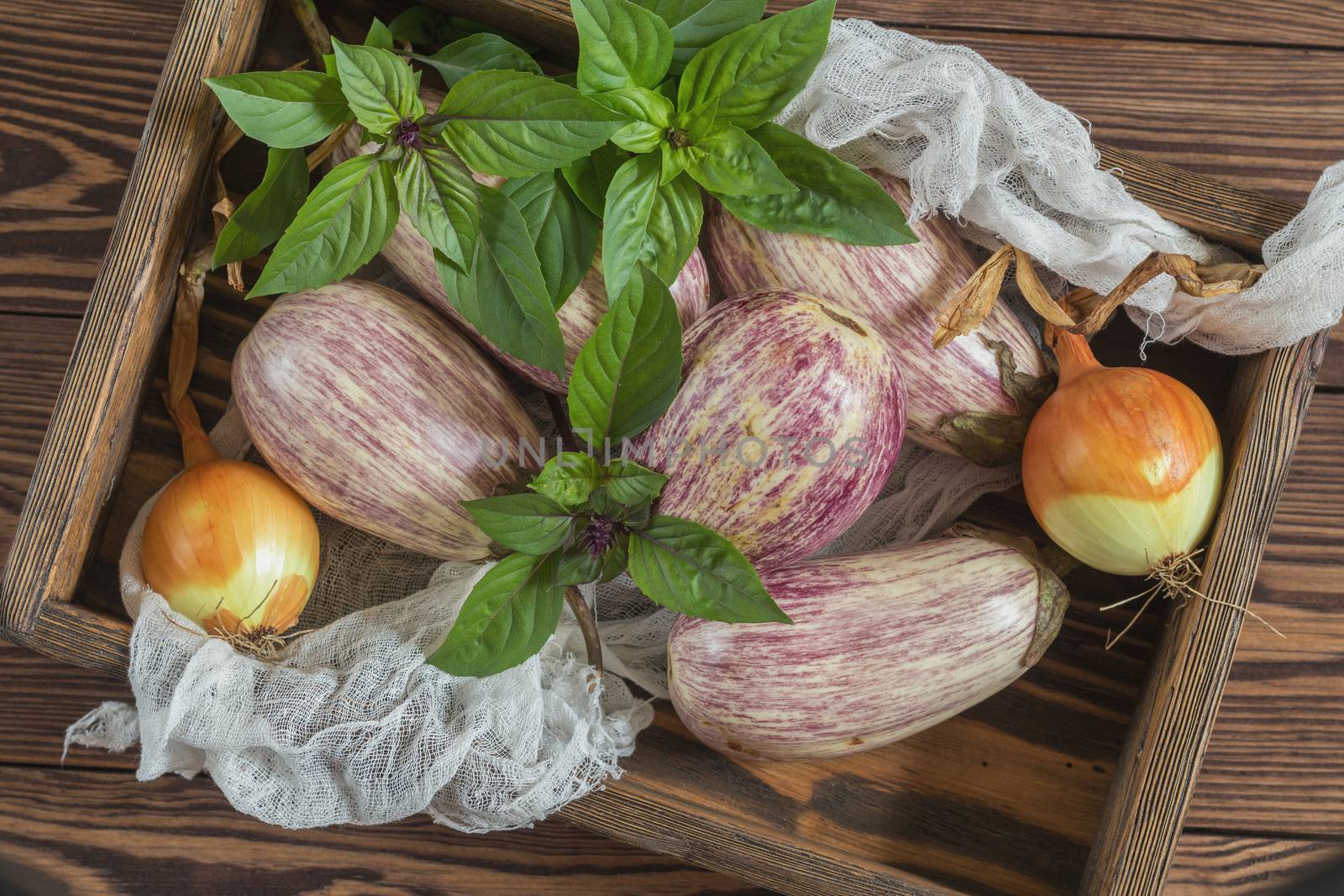 Purple graffiti eggplants, onion and green fresh basil in a wooden box in a vintage wooden background in rustic style, selective focus