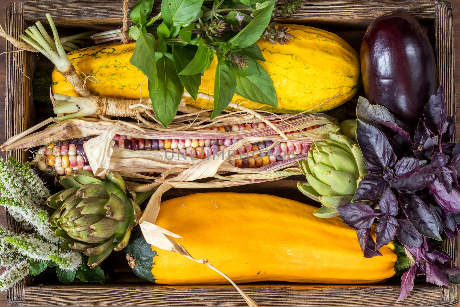 Fresh organic vegetables wooden floor with copy space by ArtSvitlyna