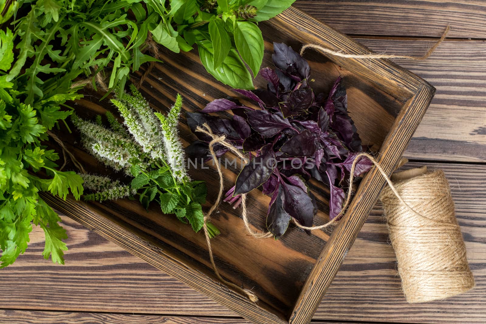 Fresh organic green herbs wooden floor with copy space. Green and violet plants background. Healthy eating background. Vegetarian food, organic food.
