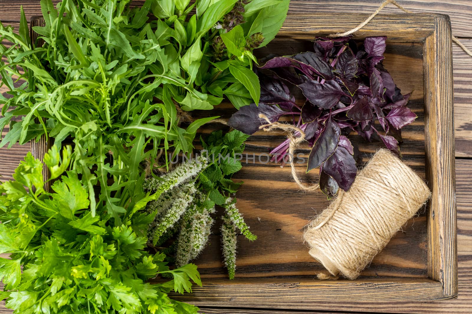 Fresh organic green herbs wooden floor with copy space. Green and violet plants background. Healthy eating background. Vegetarian food, organic food.