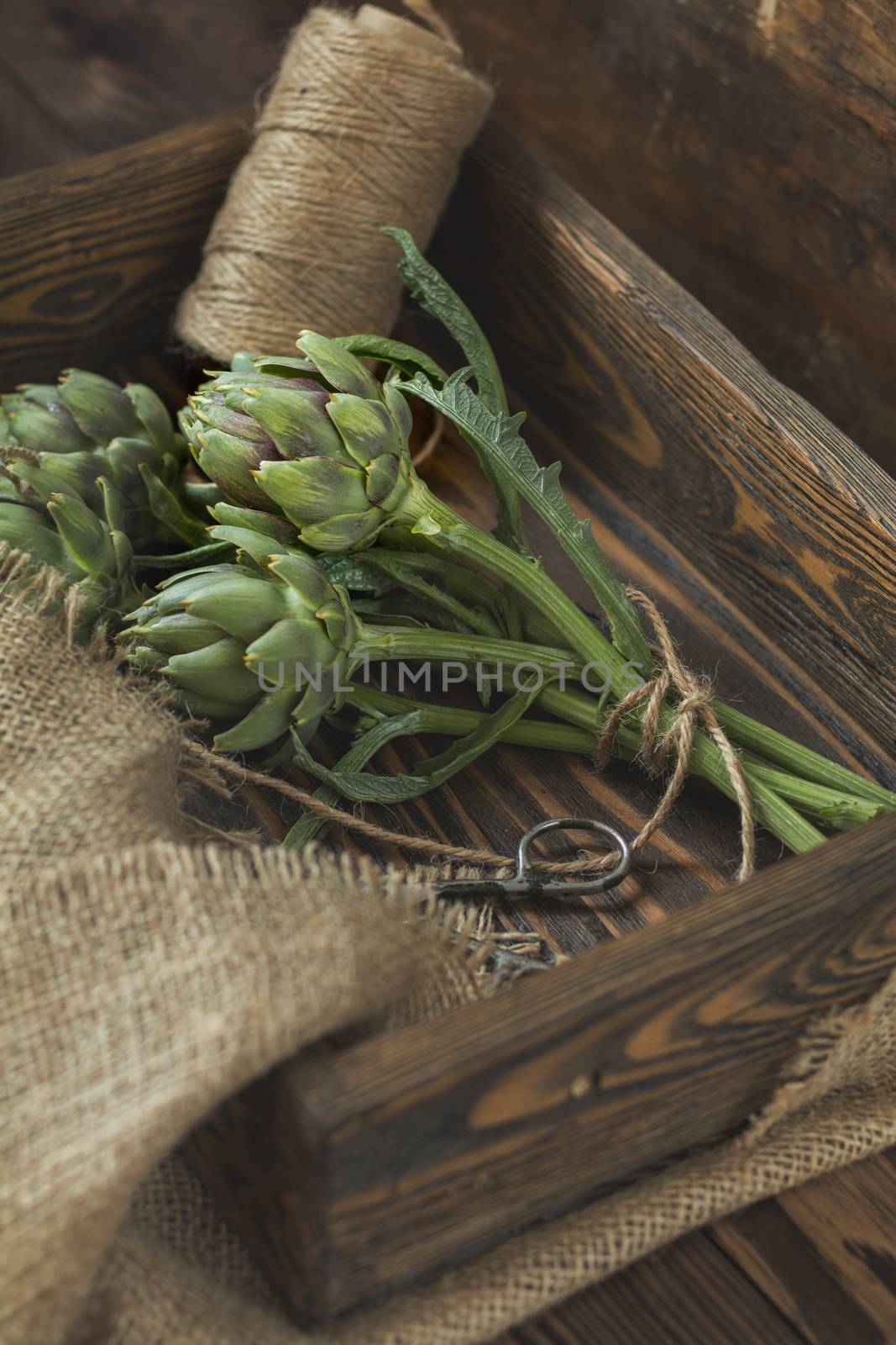 Artichoke bouquet in wooden box by ArtSvitlyna