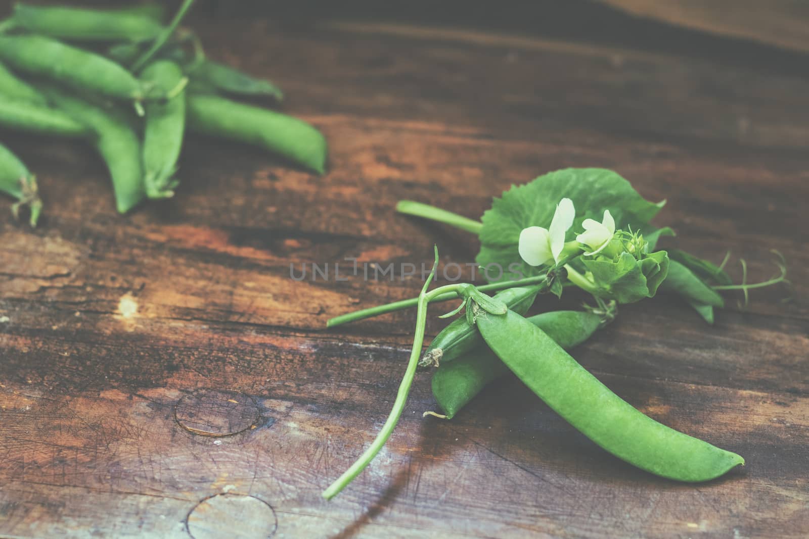 Pods of green peas and pea on a dark wooden surface. Vintage woo by ArtSvitlyna