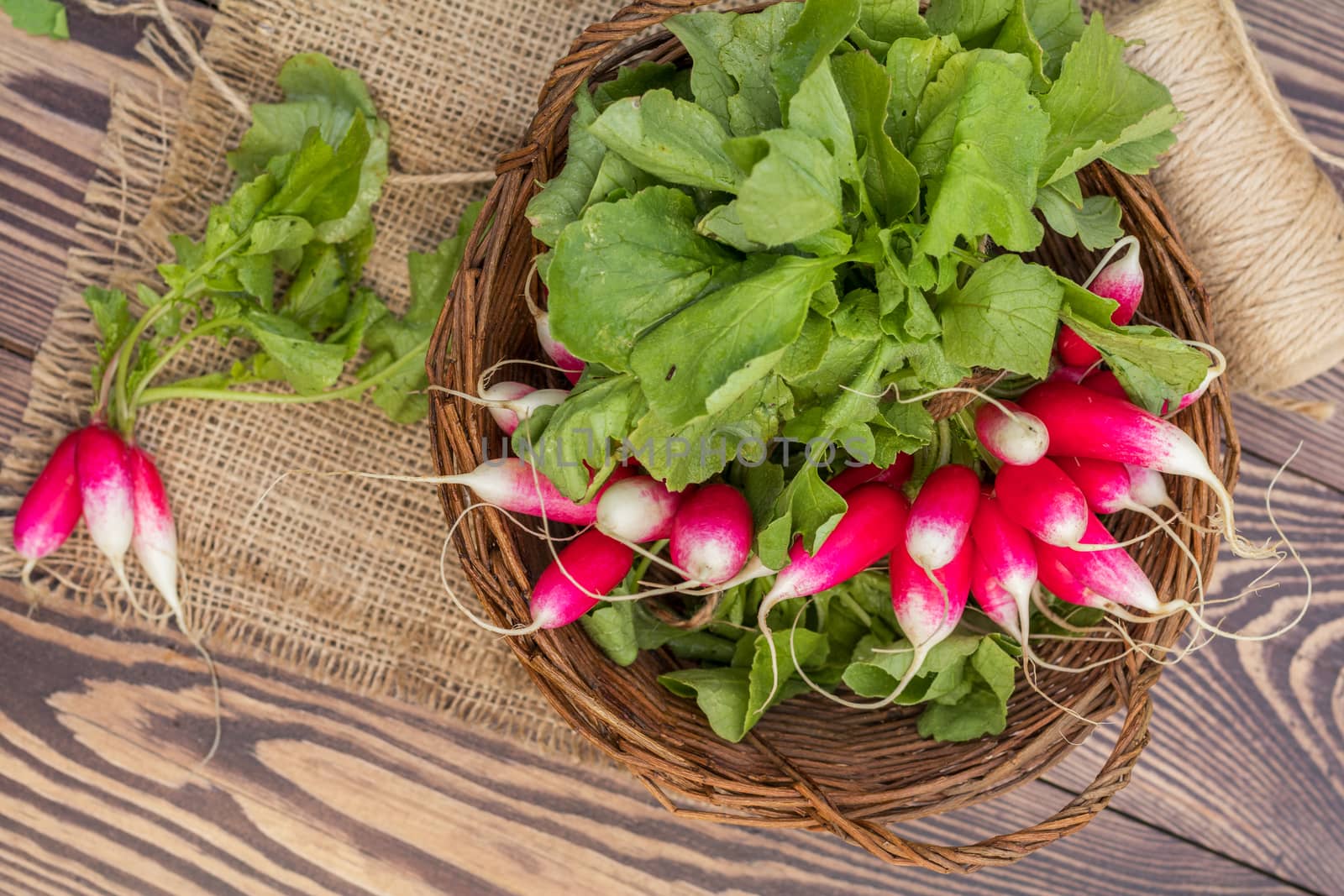 Bunch of fresh radishes in a wicker basket outdoors on the table. Top view