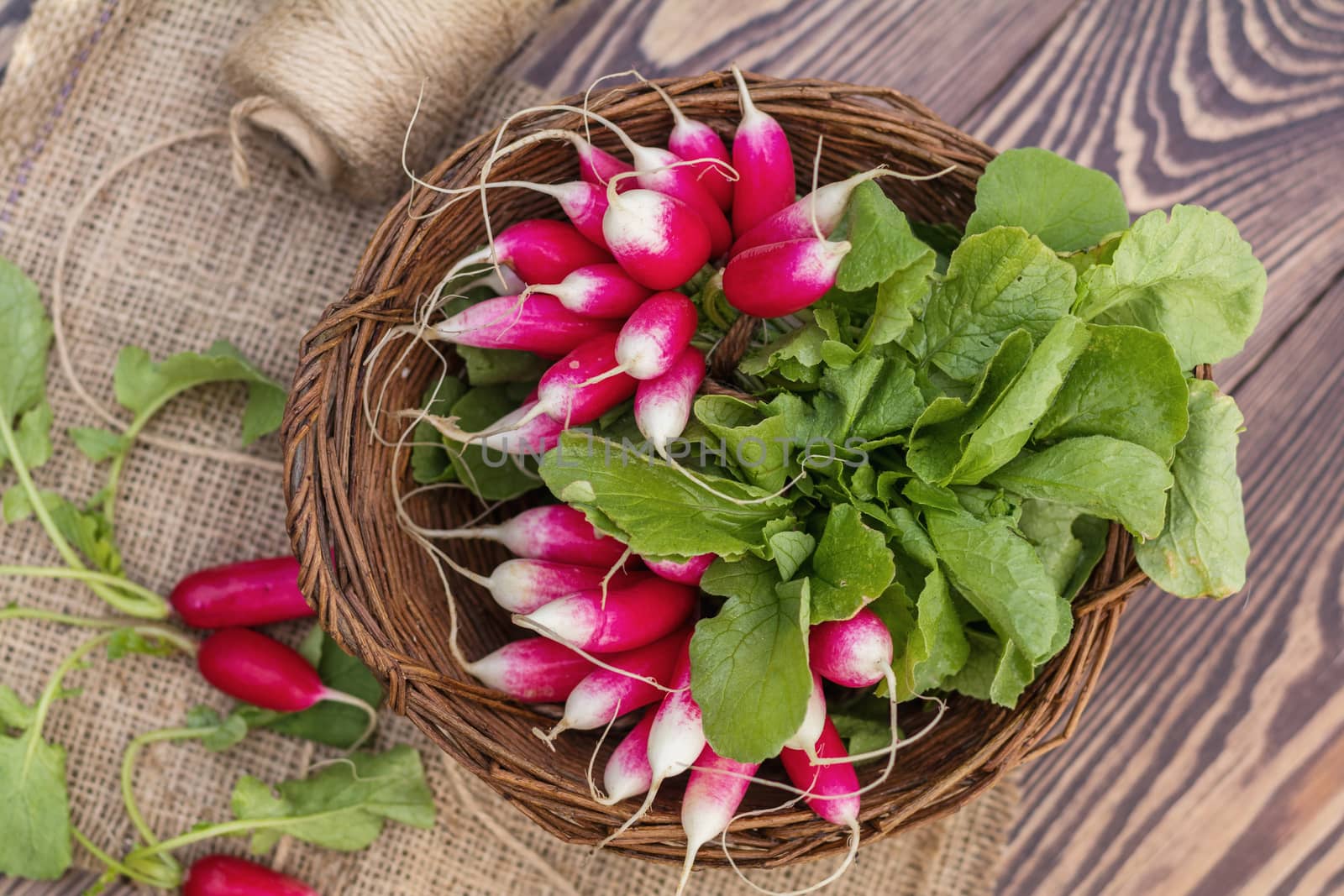 Bunch of fresh radishes in a wicker basket outdoors on the table by ArtSvitlyna