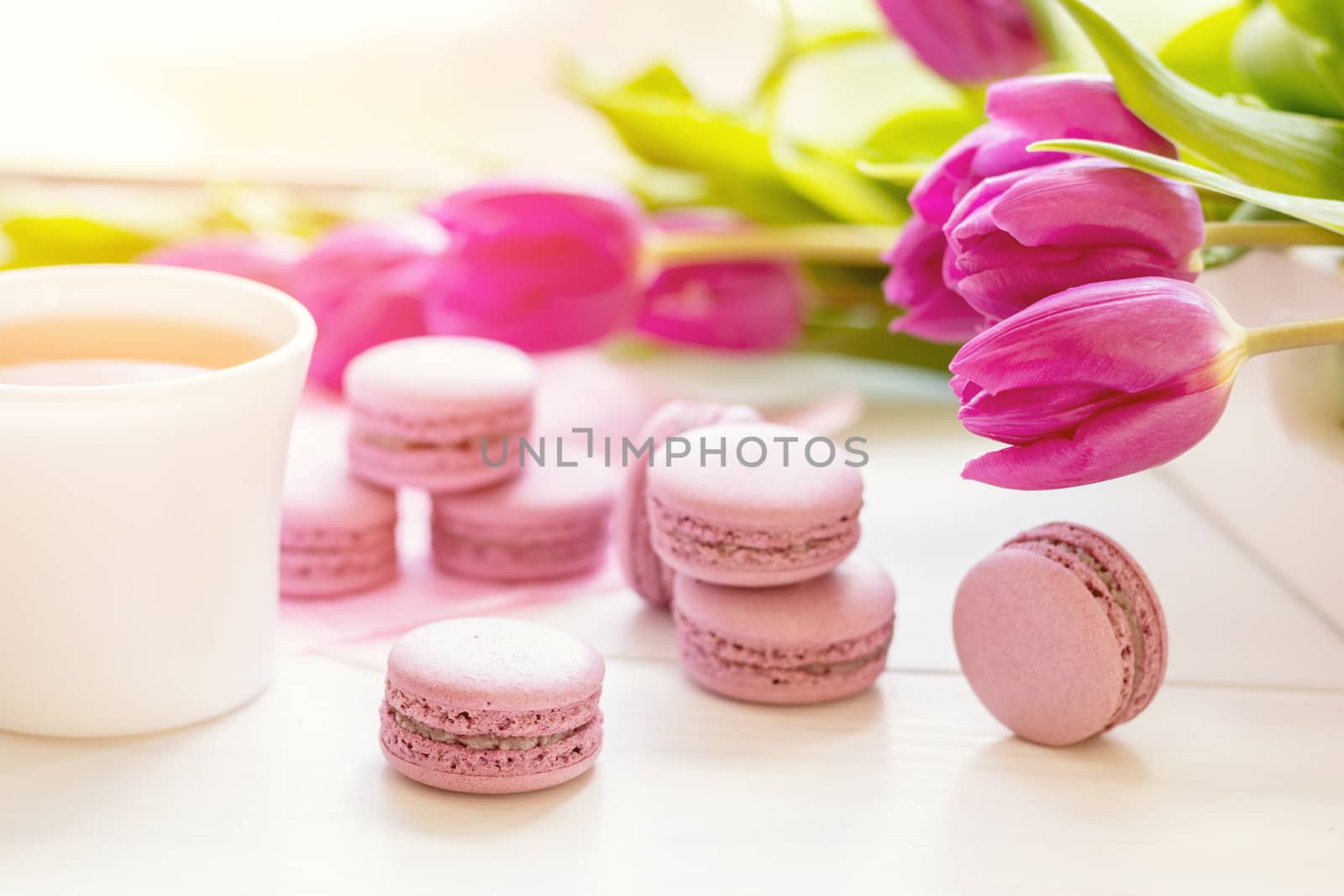 Violet sweet delicious macaroons and fresh tulips by ArtSvitlyna