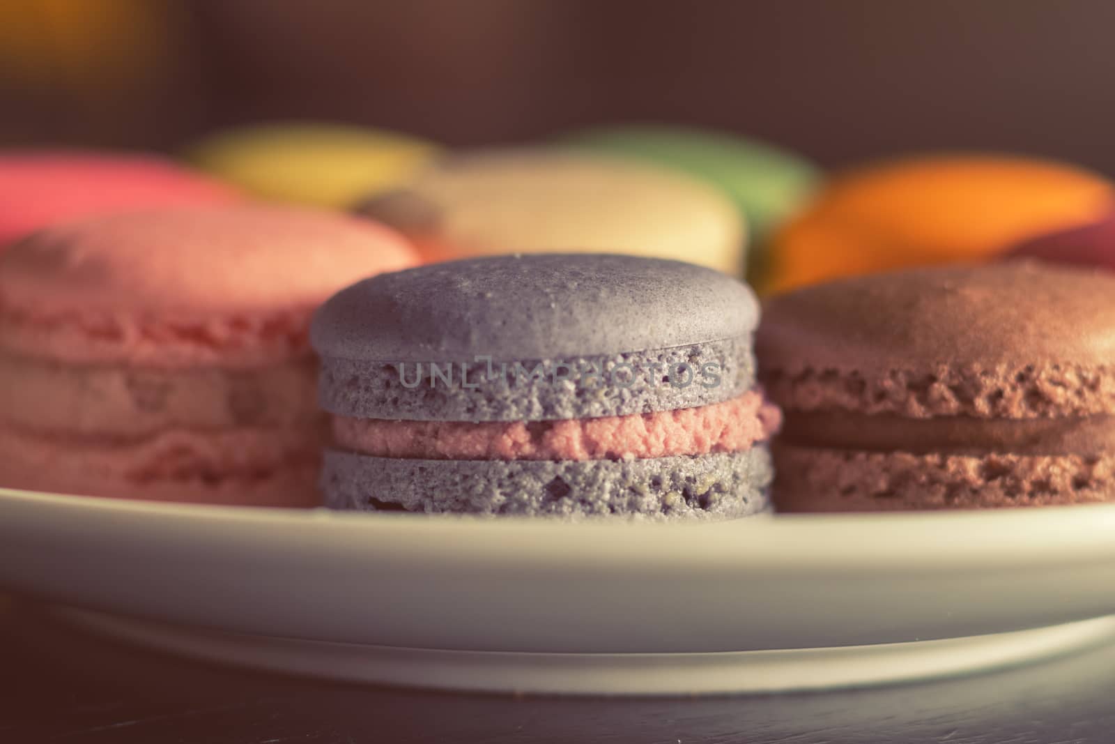 Colorful multicolor sweet delicious macaroons on dark background. Shallow depth of field. Coloring toned photo.