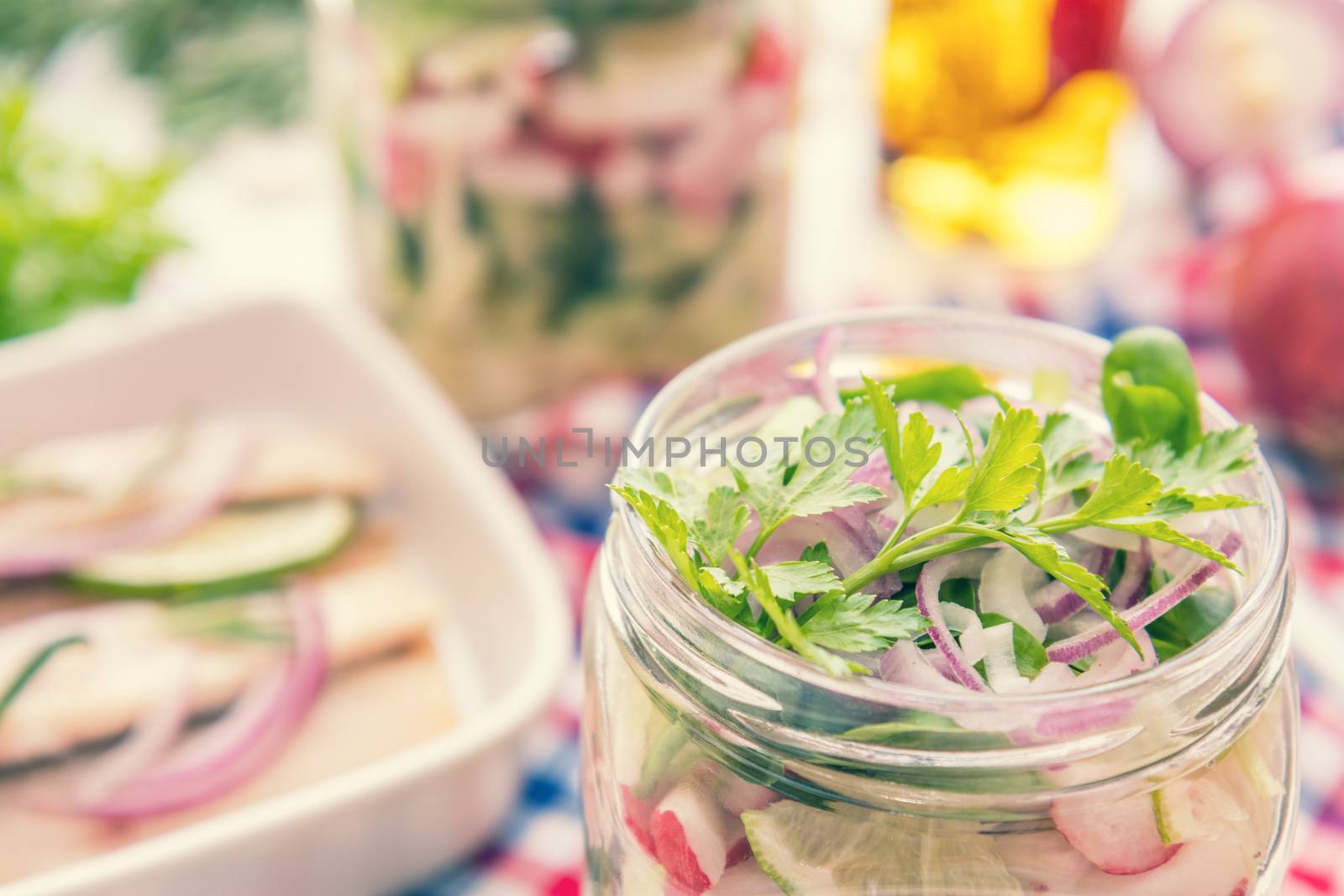 Homemade healthy salads with vegetables, onion, parsley and lettuce in jar. Sliced herring fillets, cut onion and lime on white plate. Toning. Selective focus.