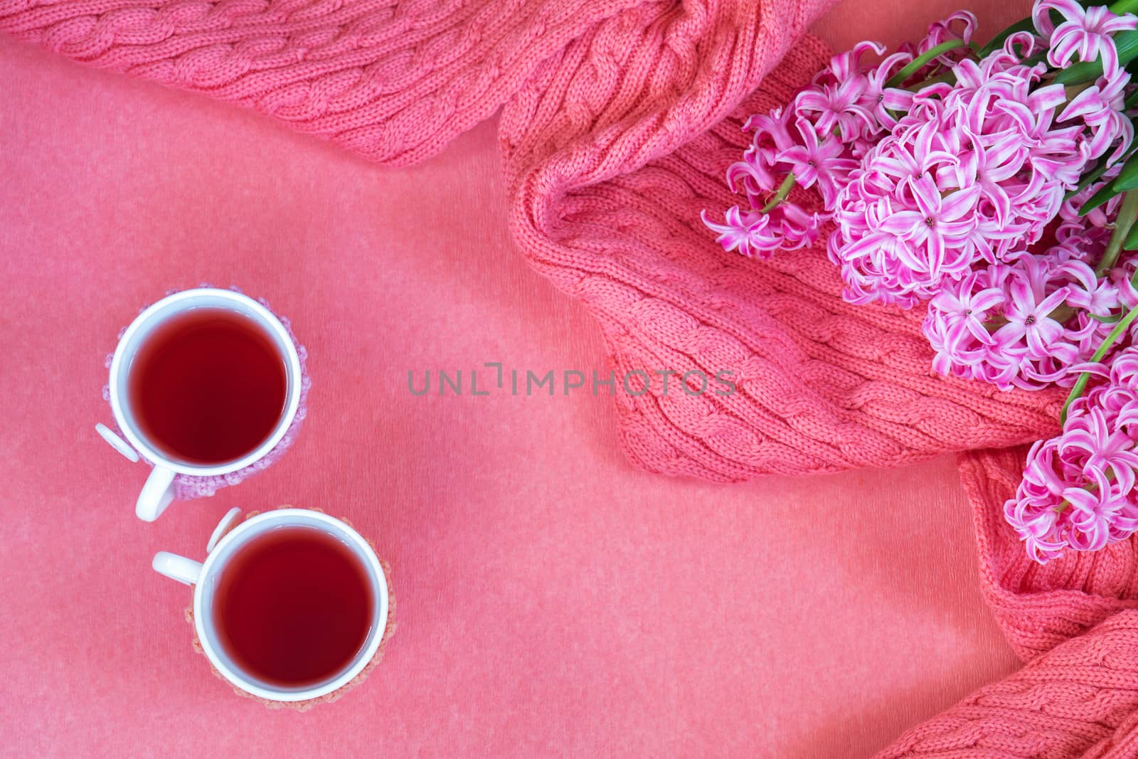 Beautiful spring holiday background. Two cups of tea, fresh white hyacinth and pink woven scarf on pink copy space groundwork.