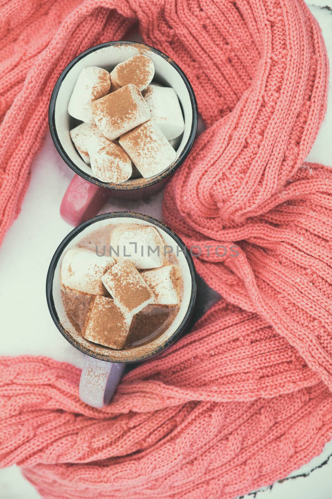 Hot chocolate with marshmallow in pink cups by ArtSvitlyna