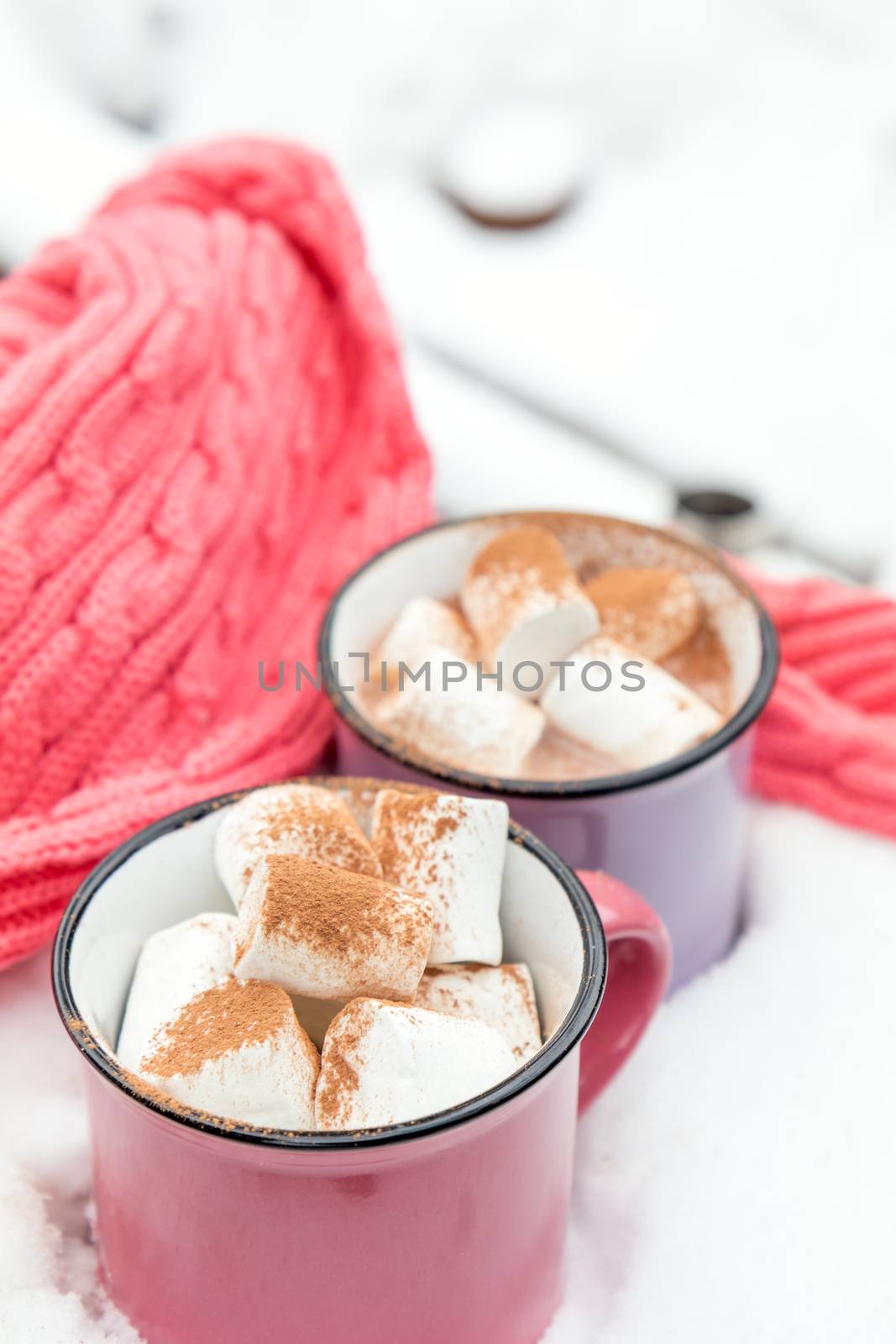 Hot chocolate with marshmallow in pink and violet two cups wrapped in a cozy winter pink scarf on the snow-covered table in the garden. Coloring and processing photo, small depth of field