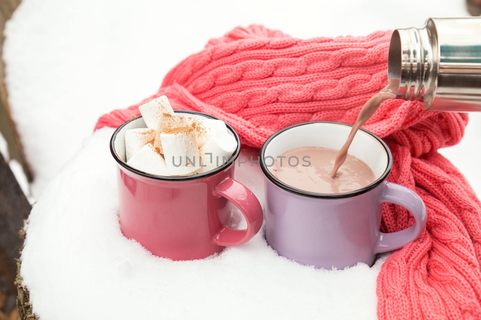 Pouring hot chocolate in the cup. Hot chocolate with marshmallow in pink and violet two cups wrapped in a cozy winter pink scarf on the snow-covered table in the garden. Coloring and processing photo