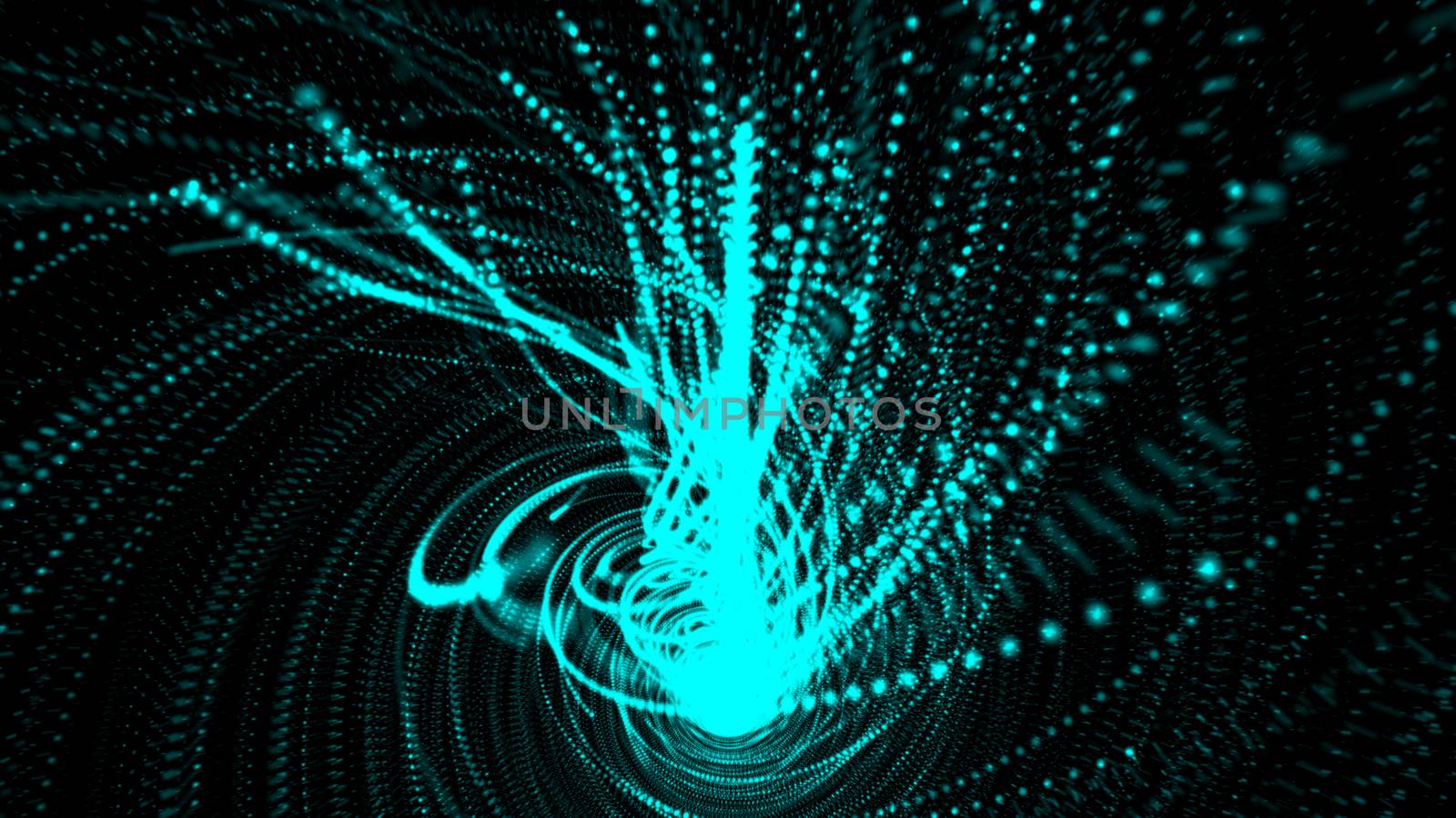 Abstract spiral particles. Shine blue background. 3d rendering