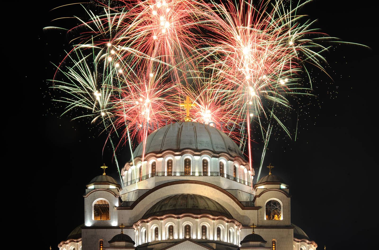 Low angle view on Saint Sava temple in Belgrade during firework