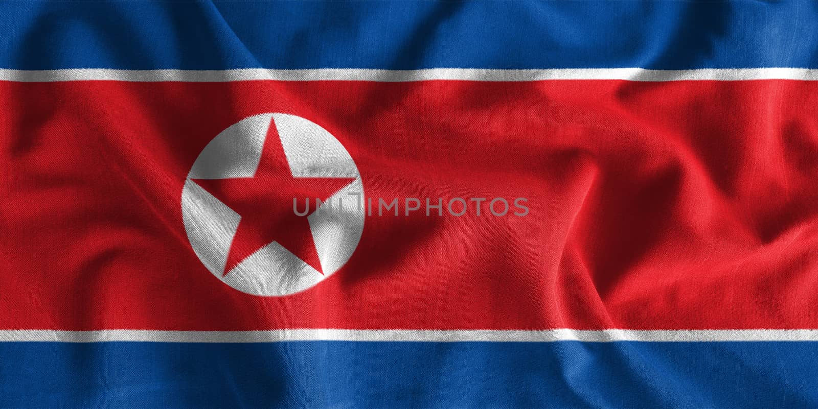 North korea flag painting on high detail of wave cotton fabrics . 3D illustration .