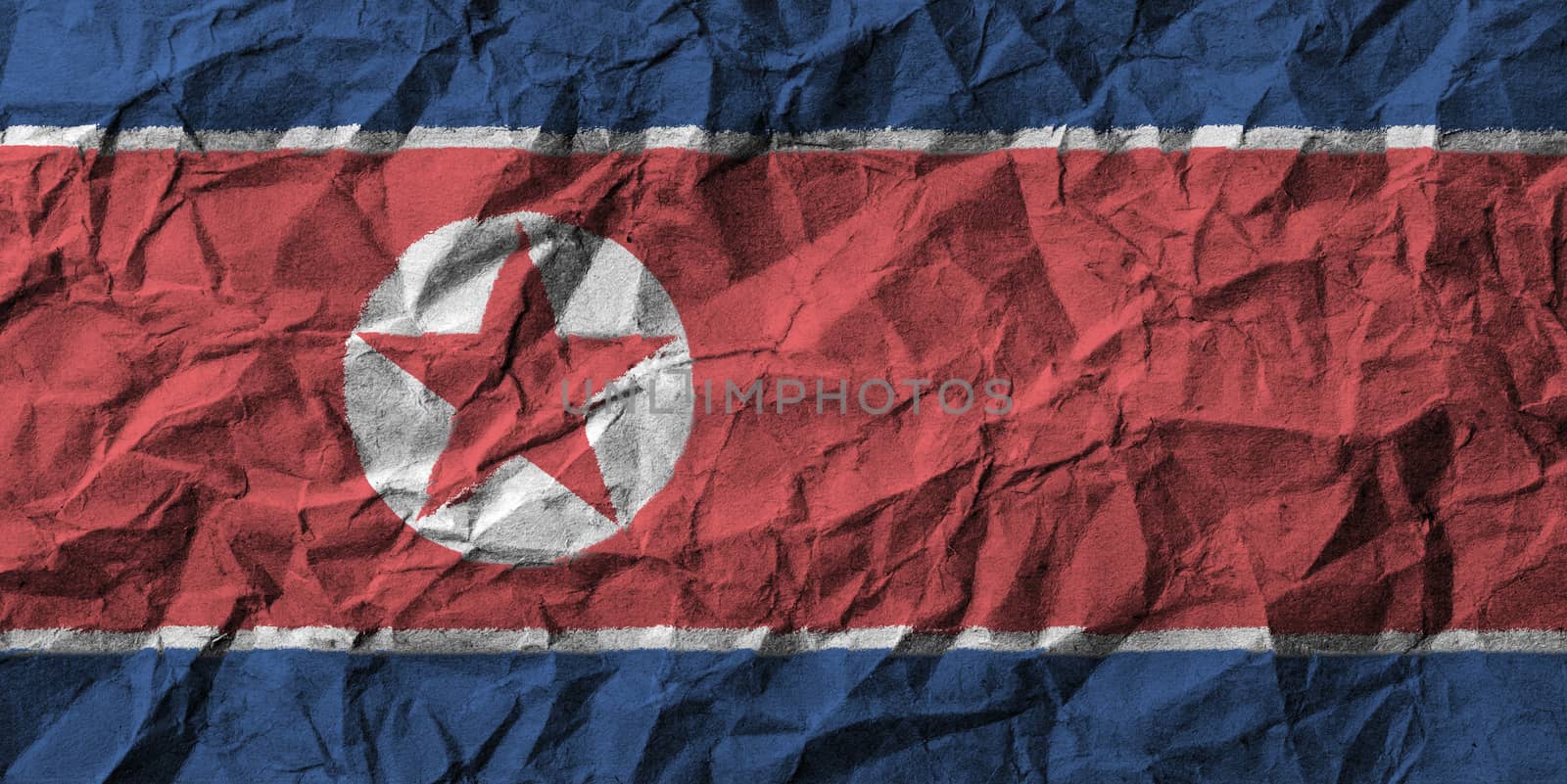 North korea flag with high detail of crumpled paper . 3D illustration .