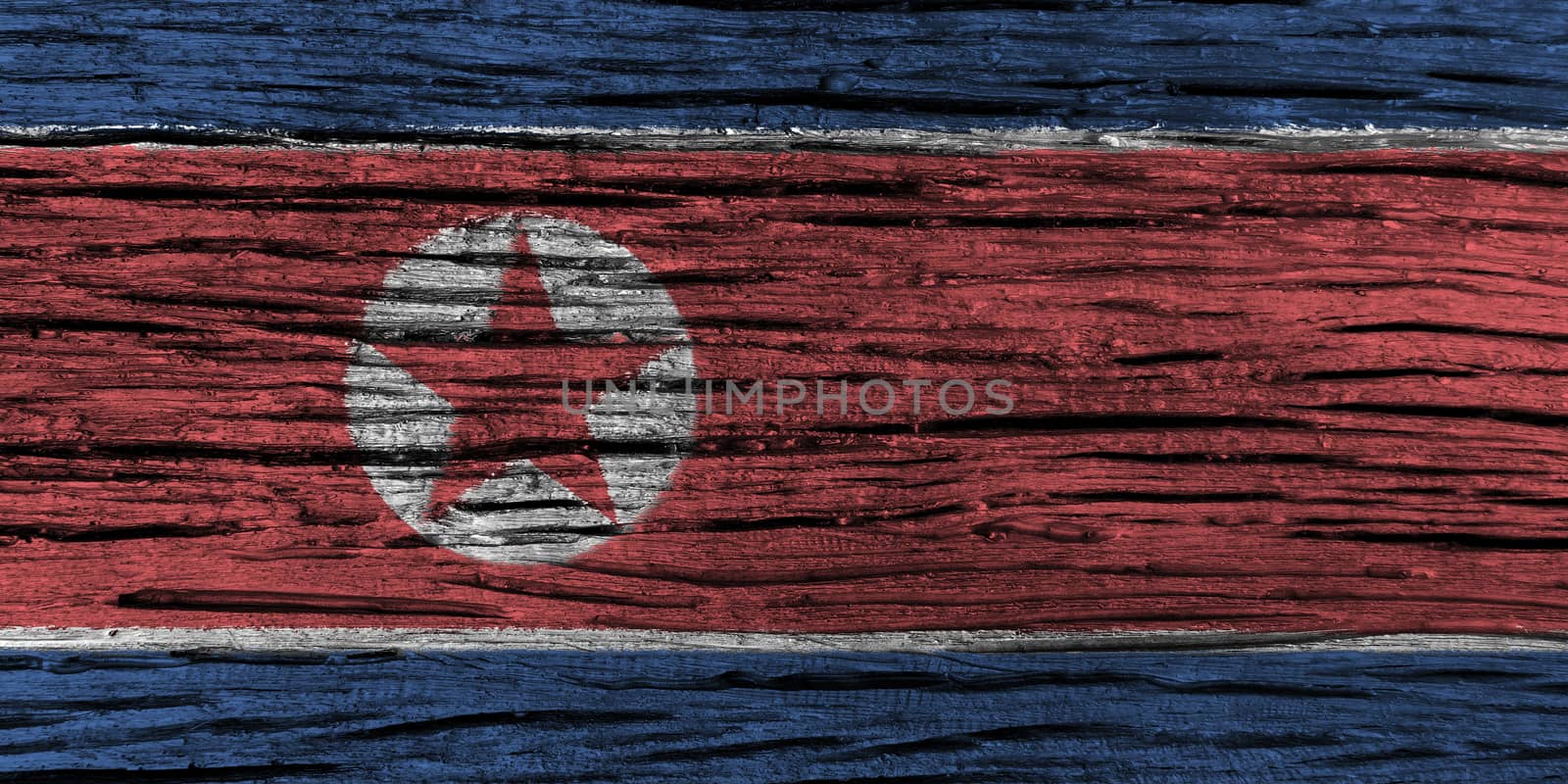 North korea flag with high detail of old wooden background . 3D illustration .