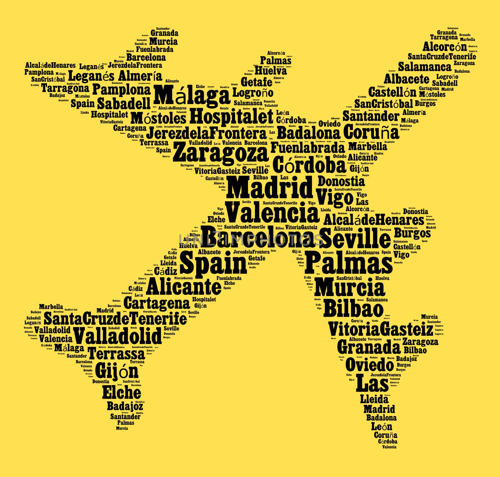Localities in Spain word cloud concept over airplane shape