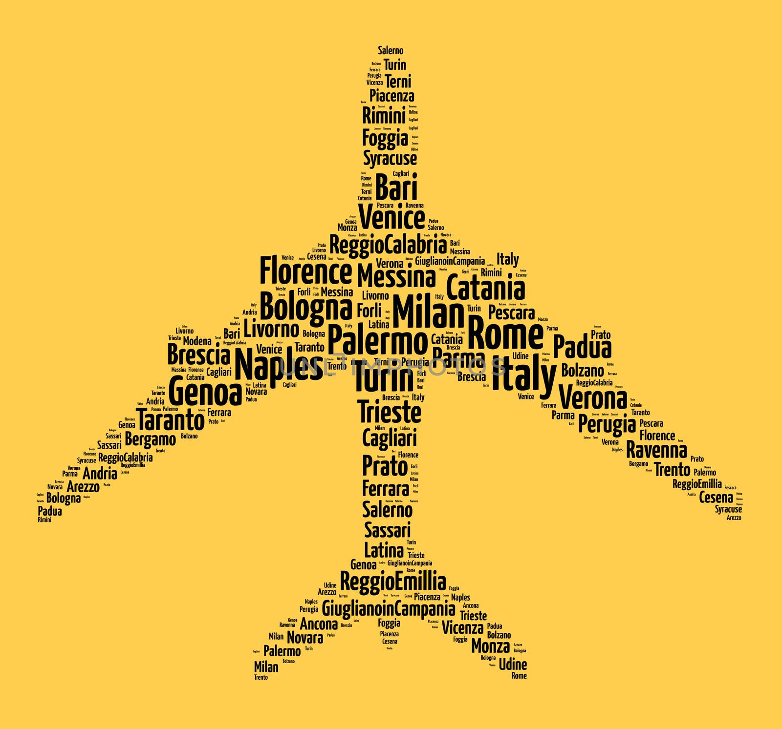 Localities in Italy word cloud concept over airplane shape