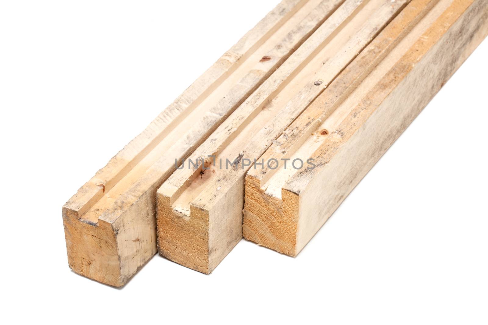 three wooden beams isolated on white background