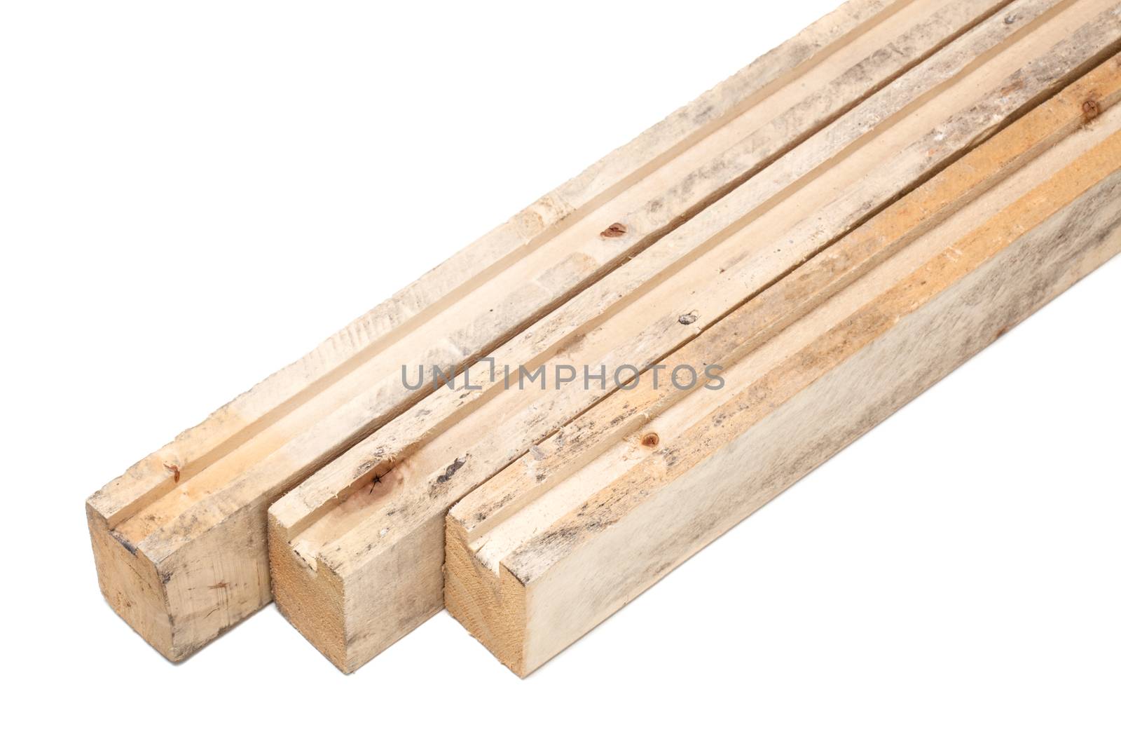three wooden beams isolated on white background