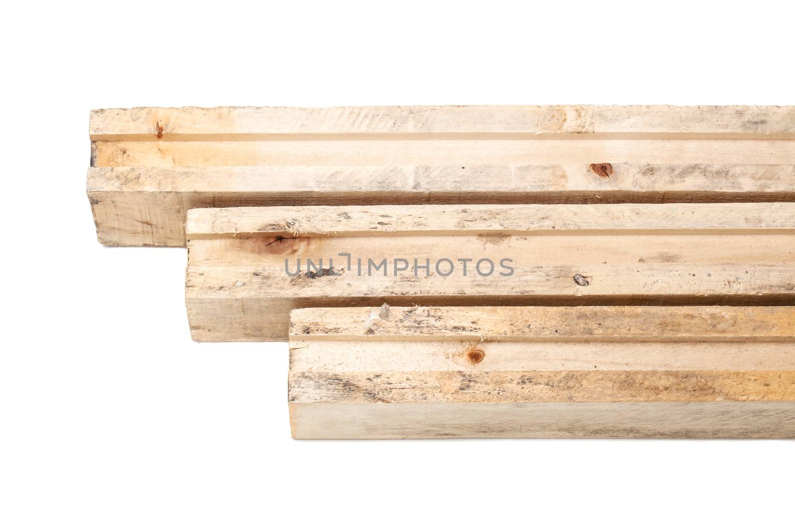 three wooden beams isolated on white background