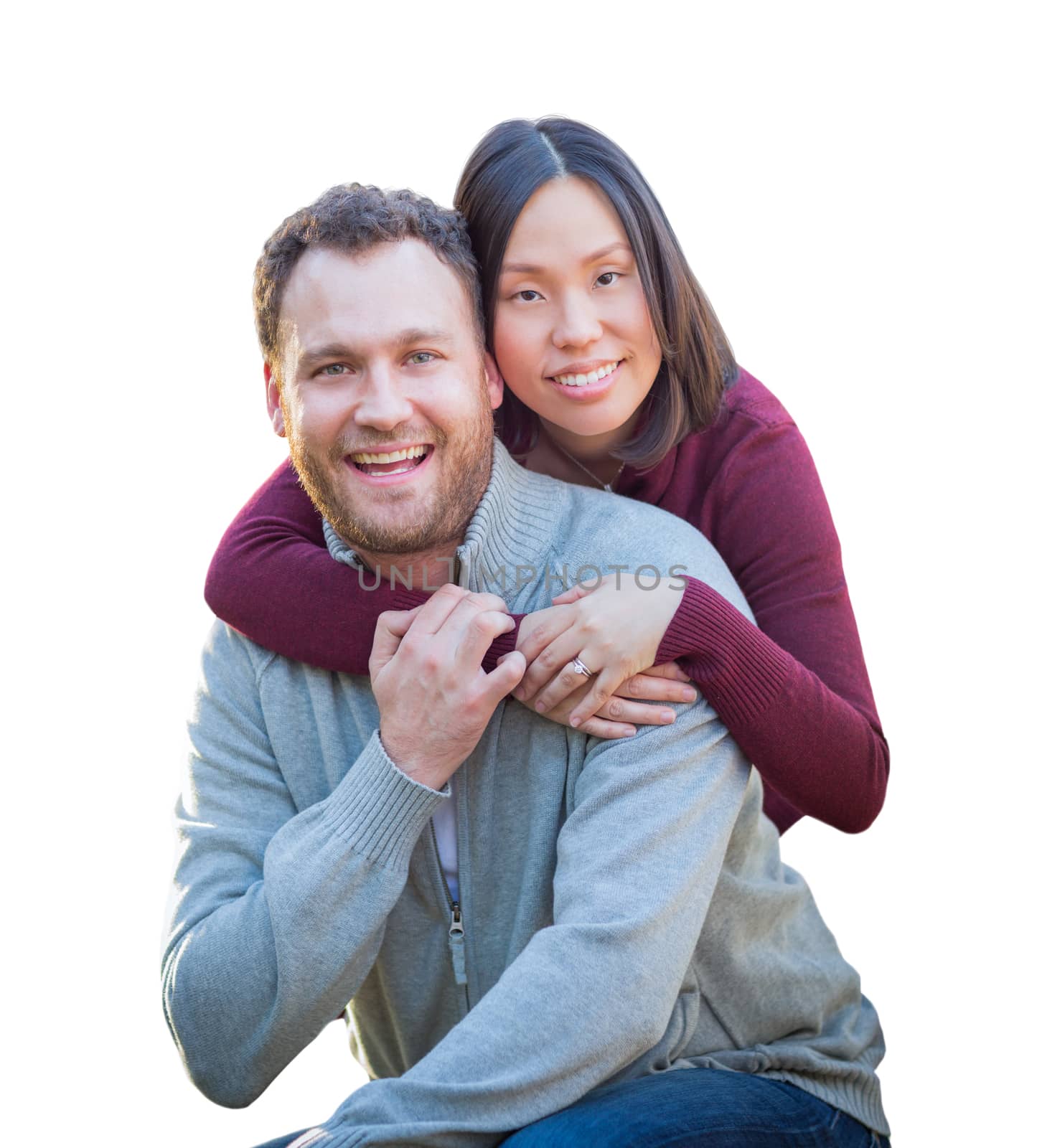 Mixed Race Caucasian and Chinese Couple Isolated on a White Background. by Feverpitched