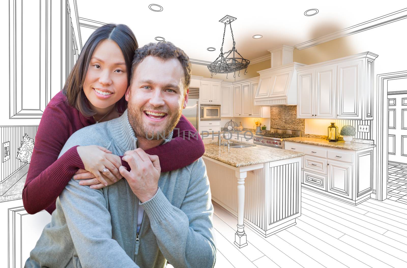 Mixed Race Caucasian and Chinese Couple In Front of Custom Kitchen Drawing and Photo Combination.