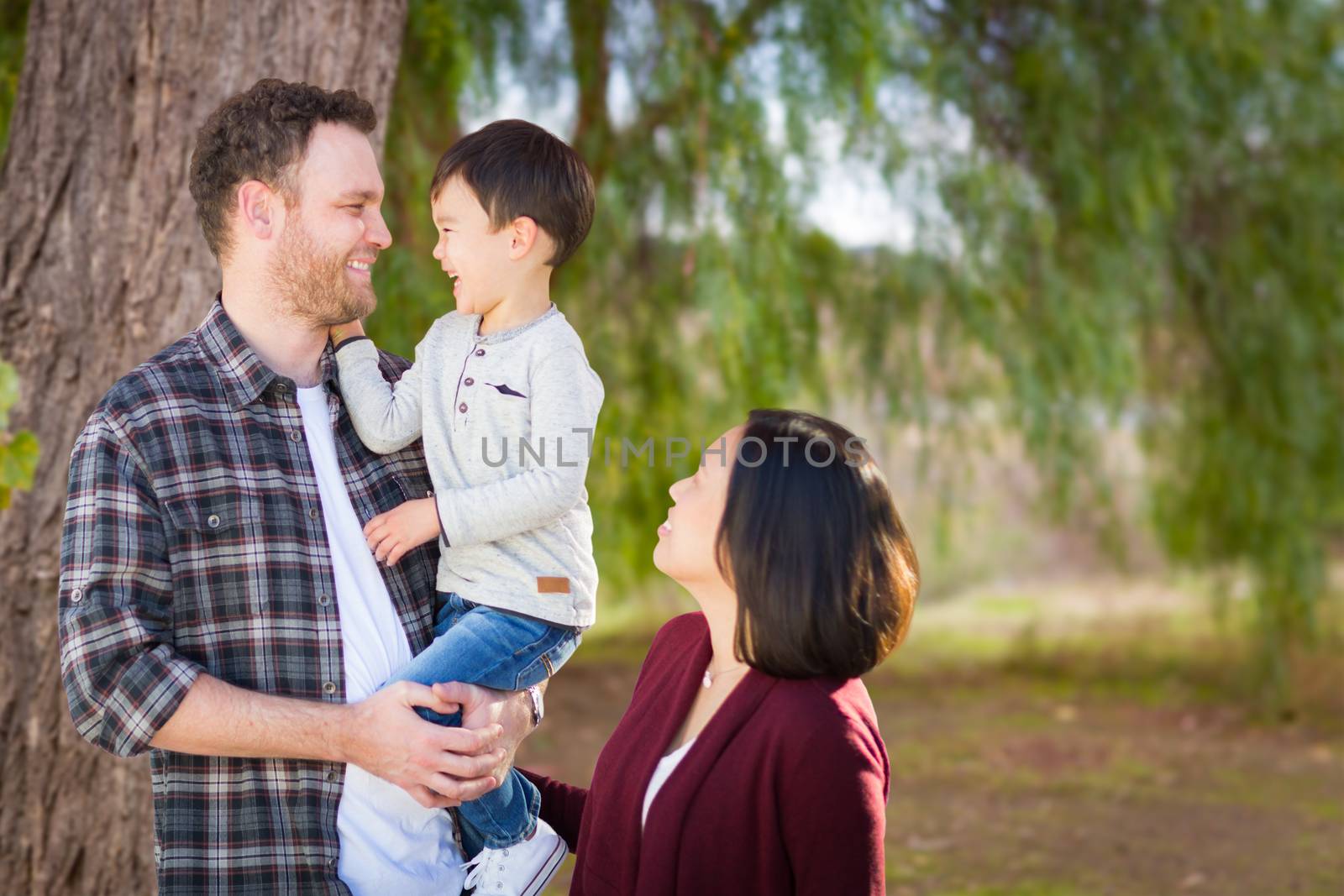 Young Mixed Race Caucasian and Chinese Family Portrait Outdoors. by Feverpitched