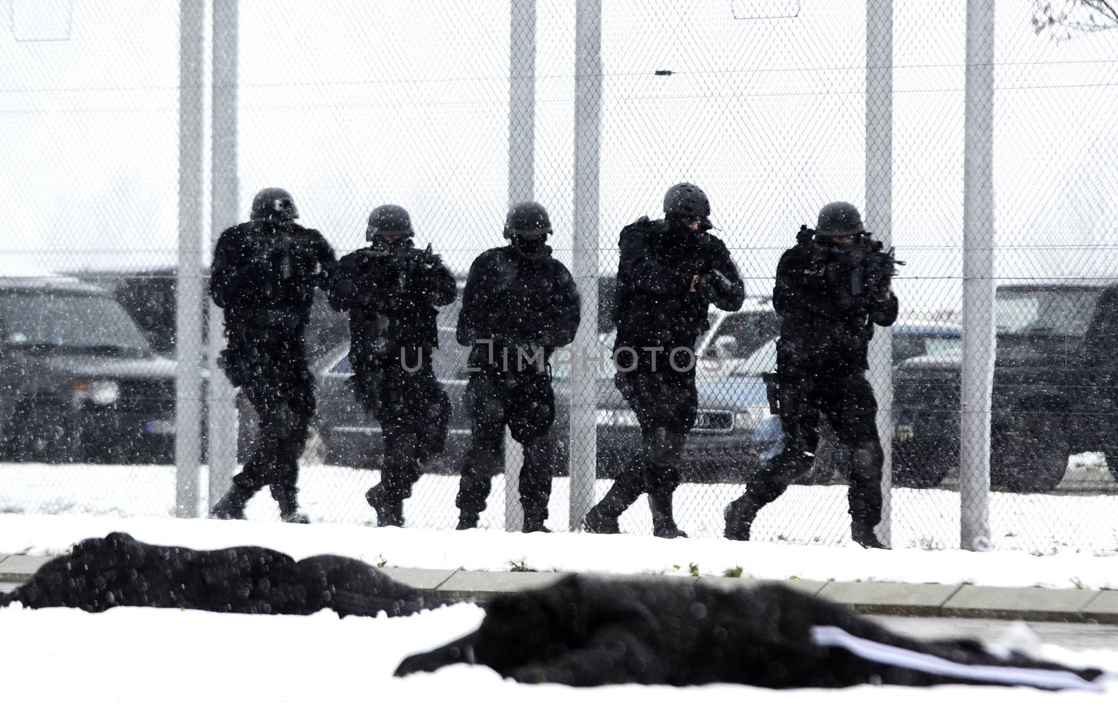 Special force in counter terrorist operation on winter day