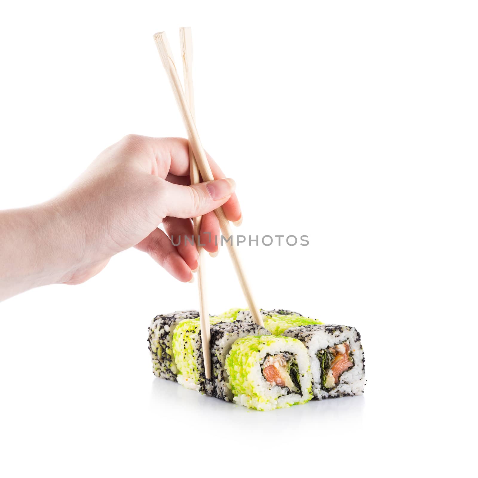 Roll the delicious sushi on a white background.