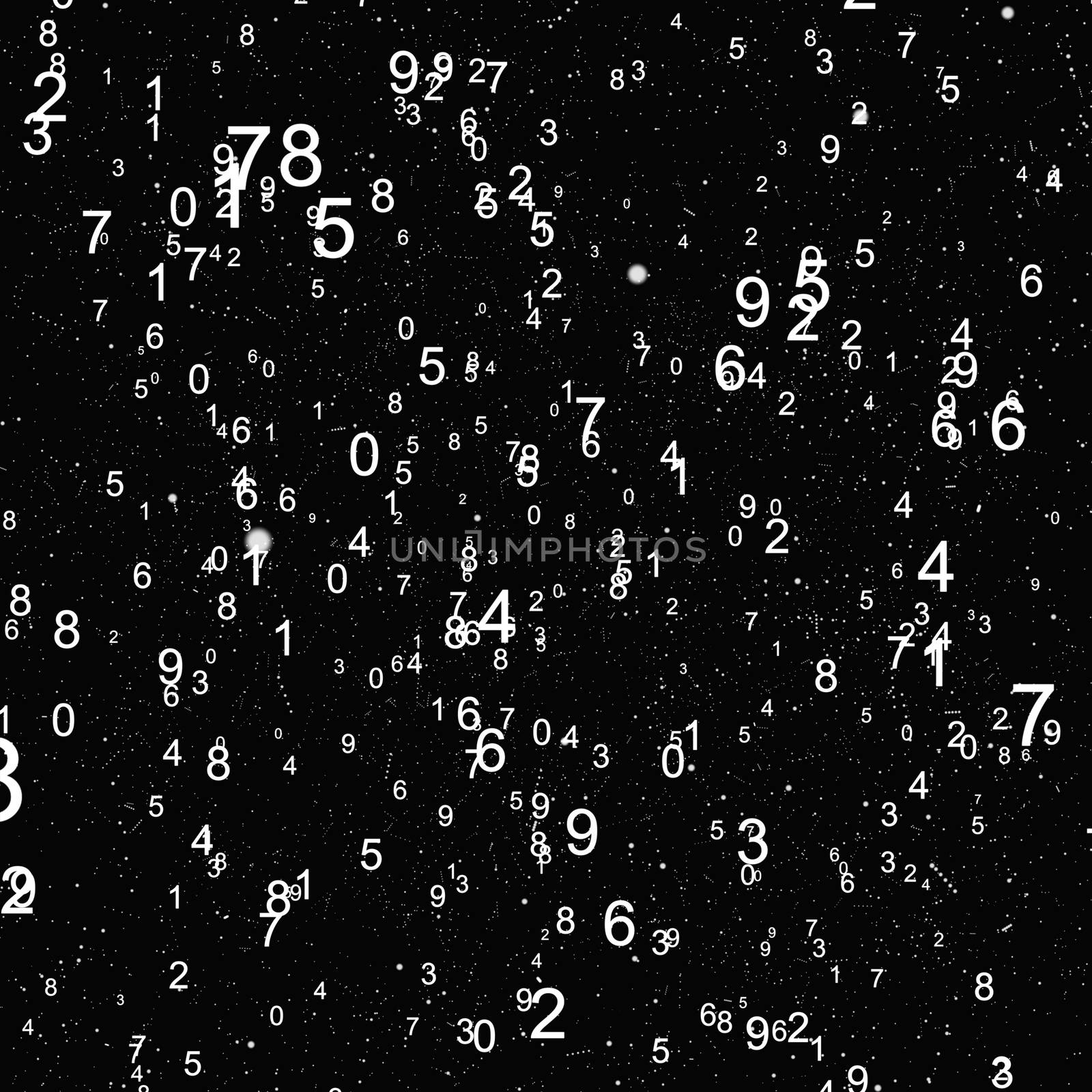 Abstract math number background. Black and white colors. Random sign flying