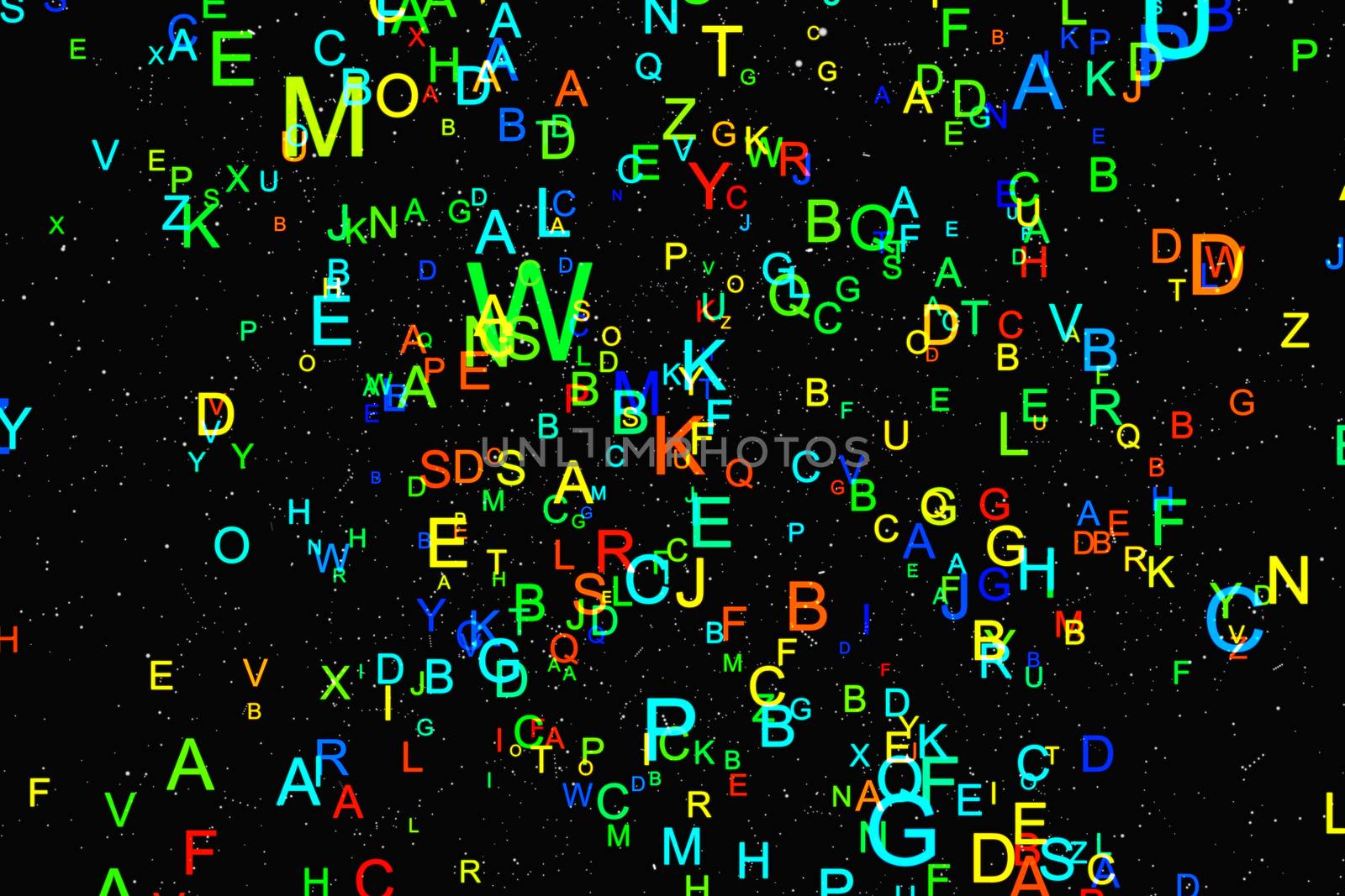 Abstract colorful alphabet fly on black background. Education concept