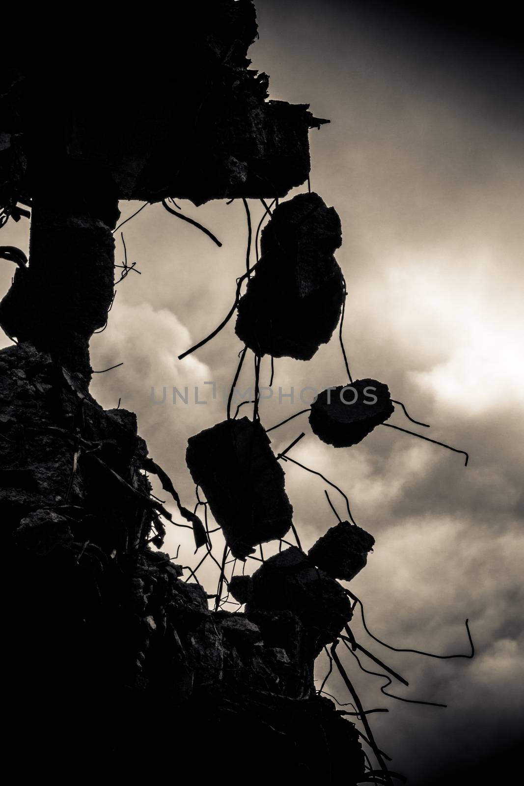 Detail Of A Demolished Or Destroyed Building At Sunset