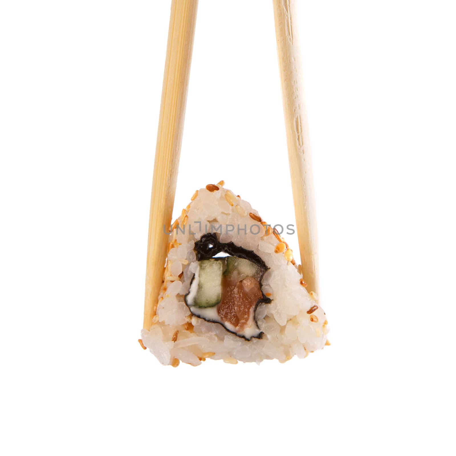 Roll the delicious sushi on a white background.