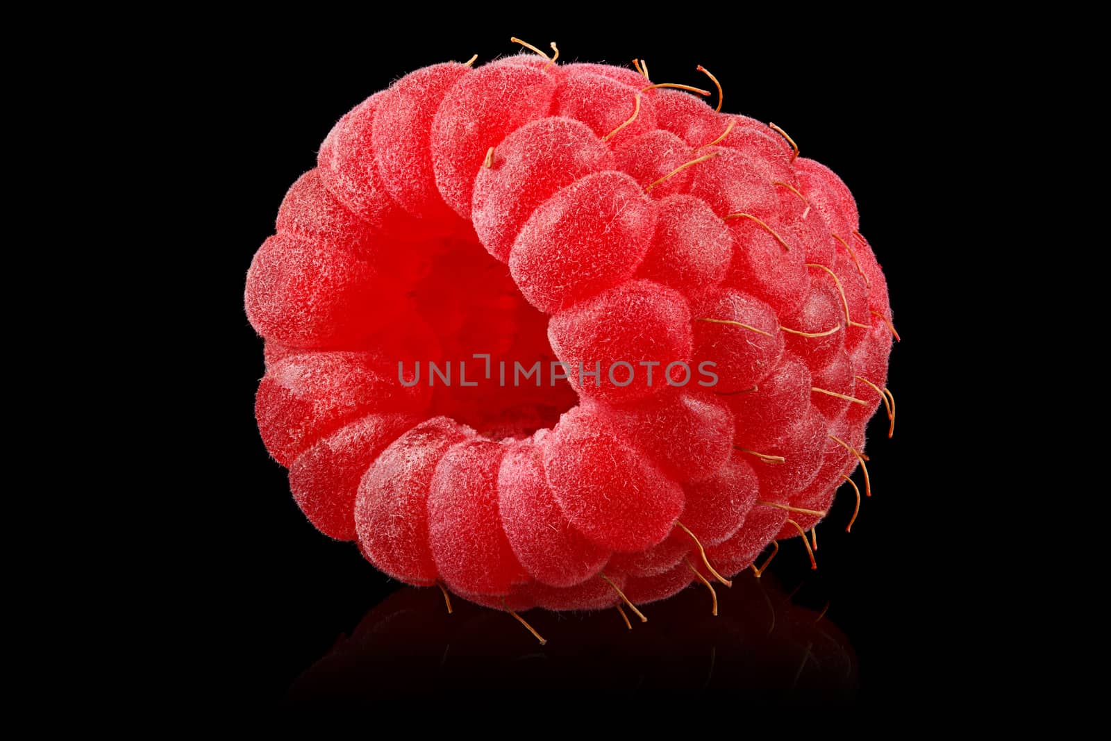 One ripe raspberry on black background.