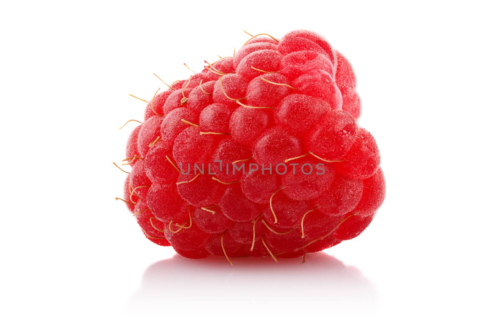 One ripe raspberry on white background.